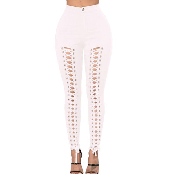 Hot Sale Unique Eyelet Hollow Design Lace-up Skinny Jeans