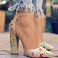 Women Flower Embroidery Design Ankle Strap Pointed Toe Square Heels Sandals Shoes