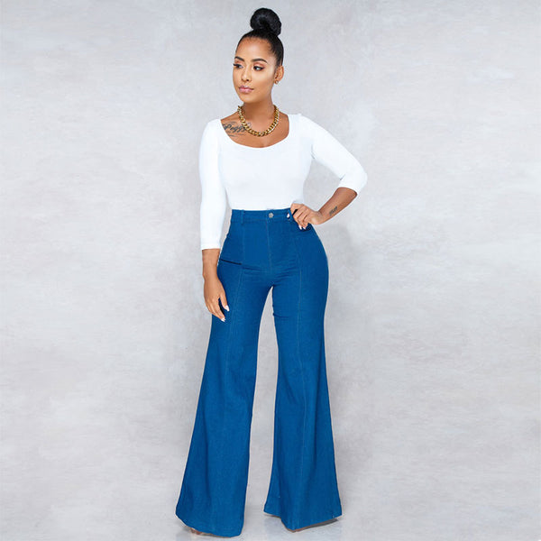 Elegant Women Plain Pattern Flare Wide-leg Jeans