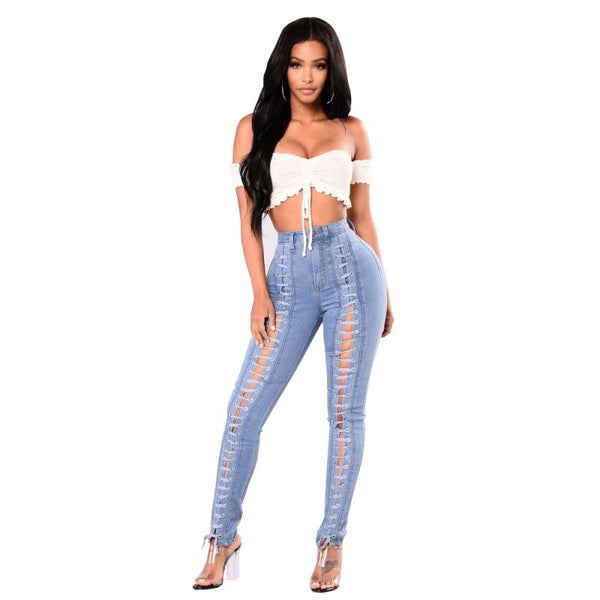 Hot Sale Light Blue Sexy Hollow Lace-up Design Women Skinny Jeans