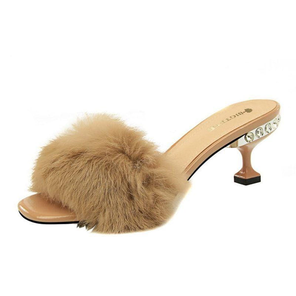 Women Fashion Elegant Fluffy Upper Rhinestone Decor Square-toe Stiletto Slippers Shoes
