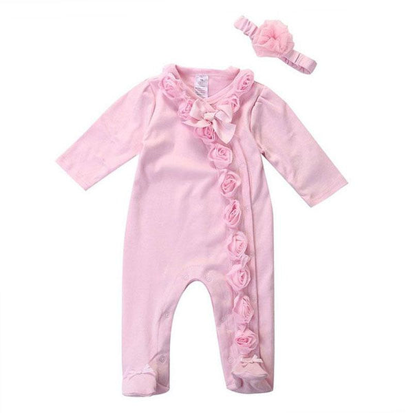 2 Pcs Baby Girl Pink Flower Pattern Long Sleeves Jumpsuit And Headwear
