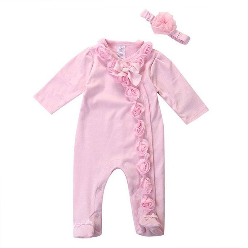 2 Pcs Baby Girl Pink Flower Pattern Long Sleeves Jumpsuit And Headwear