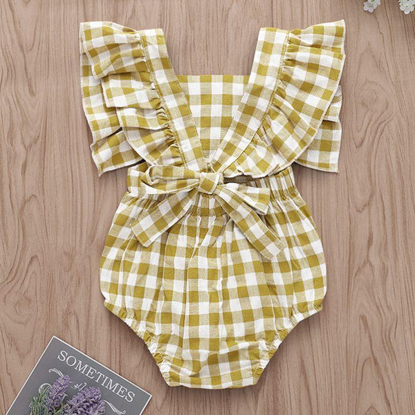 Baby Girl Yellow Plaid Print Ruffle Sleeve Bodysuit