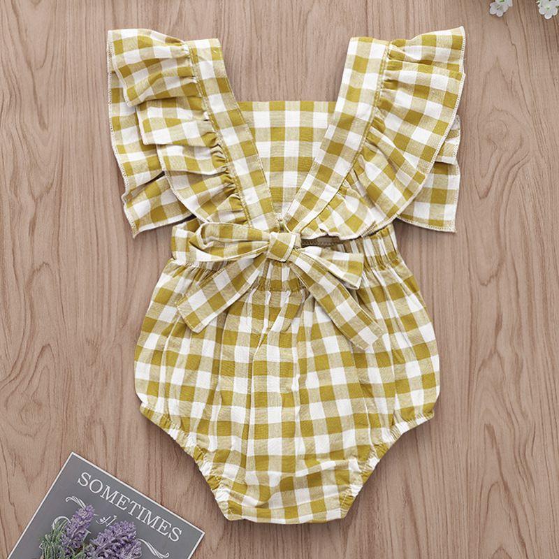 Baby Girl Yellow Plaid Print Ruffle Sleeve Bodysuit