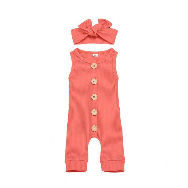 2 Pcs Baby Girl Cotton Candy Color Button Design Jumpsuit And Headband