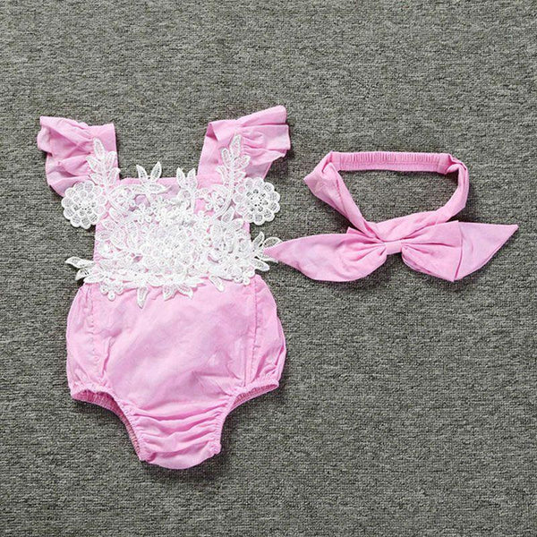 2 Pcs Baby Girl Lace Flower Design Bodysuit And Headband