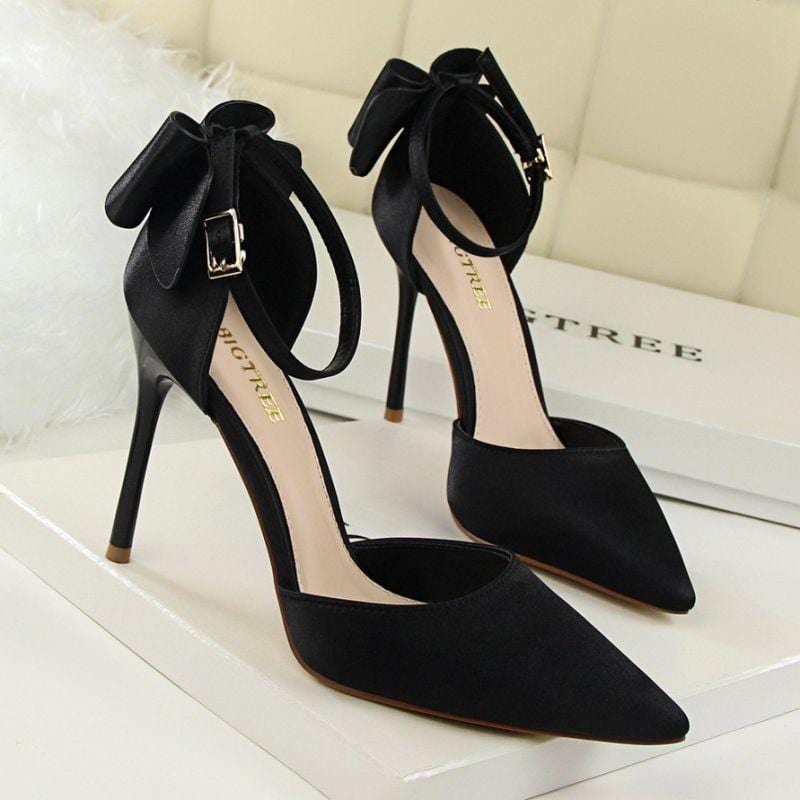 Women Sexy Pointed Toe Buckle Strap Bowknot Pattern High Heel Shoes