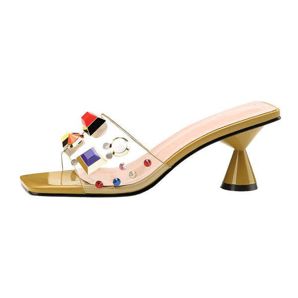 Fashion Transparent Upper Multicolor Studded Decor Outdoor Square-toe Chunky Heel Slippers Shoes