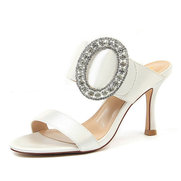 Fashion Sexy Women Double Bands Oval Rhinestone Decor Peep-toe Stiletto Slippers Shoes