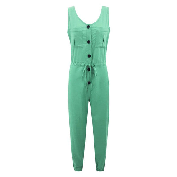 Casual Solid Color Sleeveless Buttoned Drawstring Design Jumpsuits