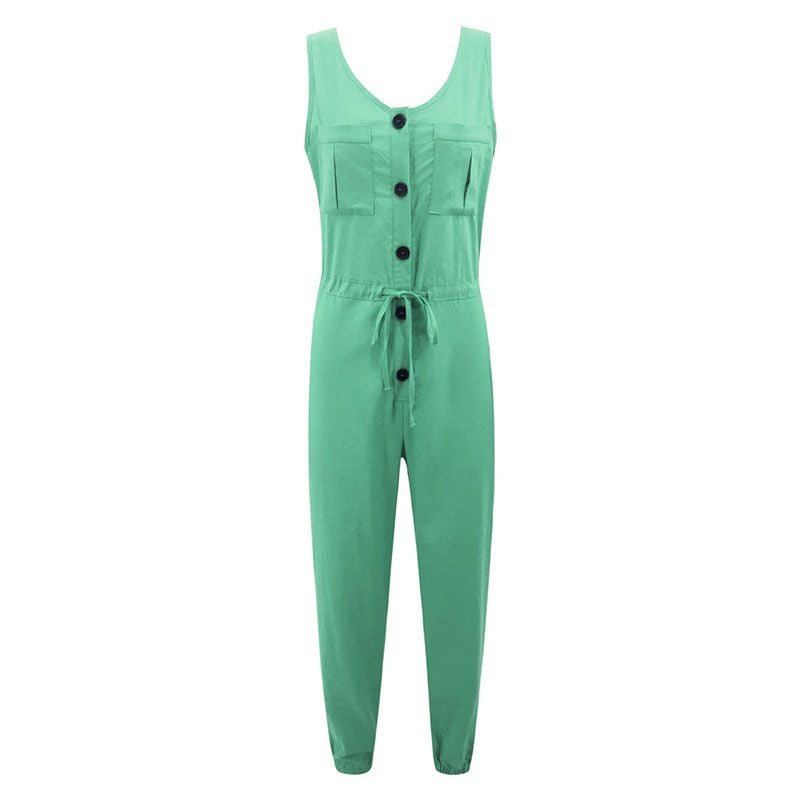 Casual Solid Color Sleeveless Buttoned Drawstring Design Jumpsuits