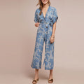 Casual Flower Print V Neck Frilled Short-sleeve Vacation Jumpsuits