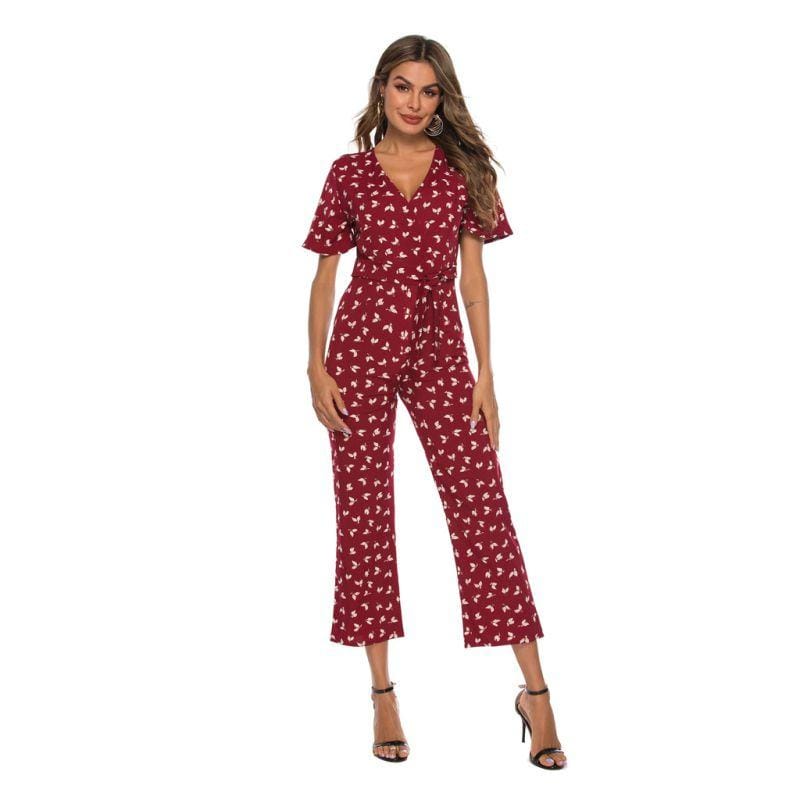 Women Casual Short-sleeve V Neck Chiffon Jumpsuits