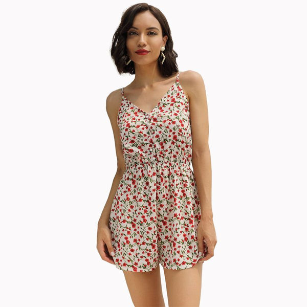 Casual Vacation Style Floral Print Buttoned Camis Rompers