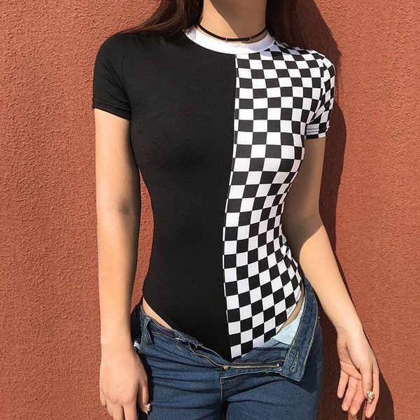 Women Contrast Checkered Design Round Neck Short-sleeve Basic Bodysuit