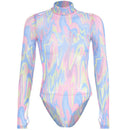 Contrast Rainbow Color Design Women Mock Neck Long-sleeve Bodysuits