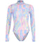 Contrast Rainbow Color Design Women Mock Neck Long-sleeve Bodysuits