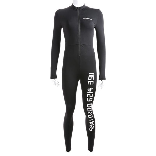 Hot Sale Women Zipper Design Letter Print Sporty Bodycon Jumpsuits