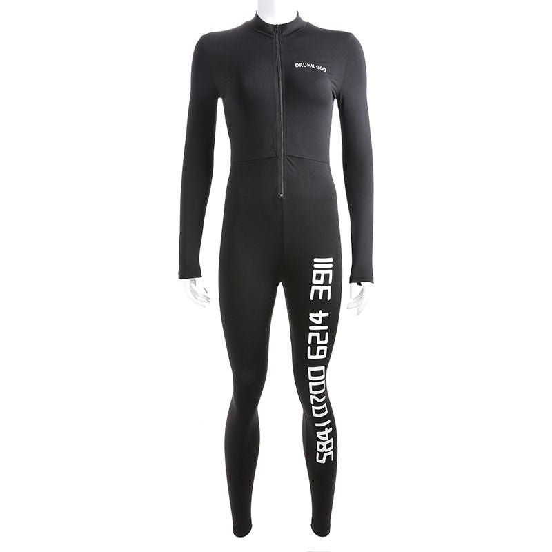 Hot Sale Women Zipper Design Letter Print Sporty Bodycon Jumpsuits