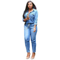 Long-sleeve Single-breasted Denim Casual Drawstring Jumpsuits