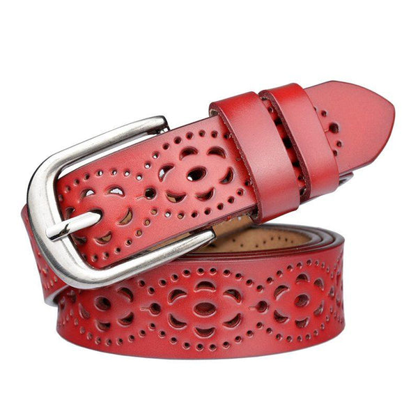 Casual Women Solid Color Carving Pattern Genuine Leather Belt