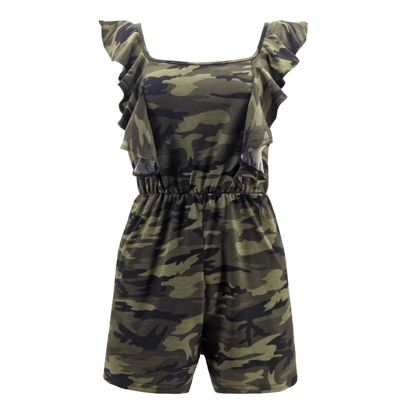 Casual Camouflage Print Ruffled Design Women Square Neck Rompers