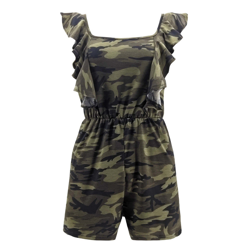 Casual Camouflage Print Ruffled Design Women Square Neck Rompers