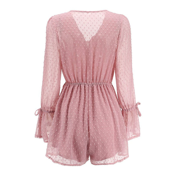 Casual Vacation Flare Long-sleeve V Neck Chiffon Rompers