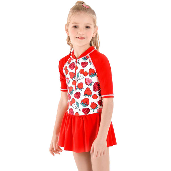 Girl Red Strawberry Print Half Sleeves Patchwork Swimwear