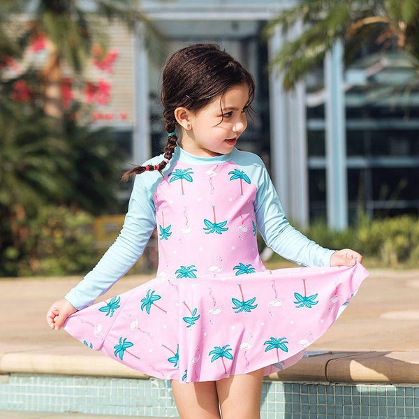 One Piece Girl Flamingo Print Long Sleeves Patchwork Swimwear