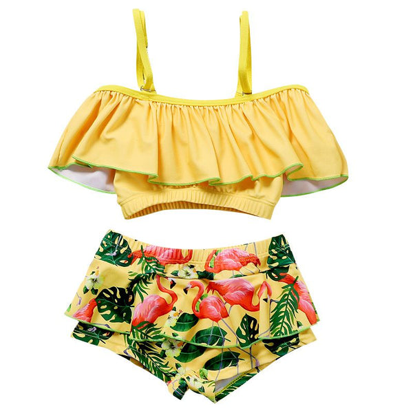 2 Pcs Girl Flamingo Print Yellow Beach Swimsuit