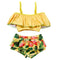 2 Pcs Girl Flamingo Print Yellow Beach Swimsuit