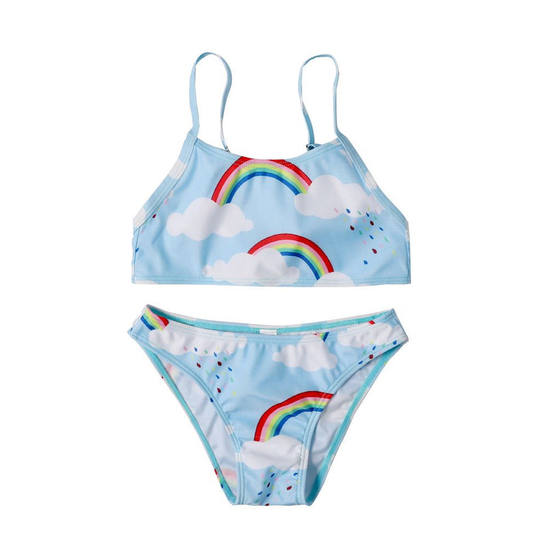 2 Pcs Girl Beach Suit Rainbow Print Sleeveless Swimsuit