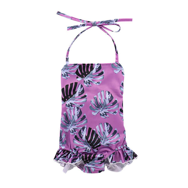 Girl Leaves Print Halterneck Lace-up Swimwear