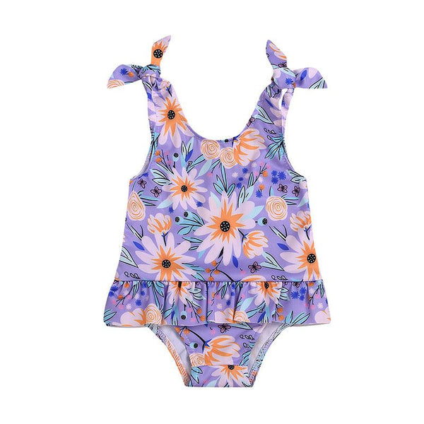 Girl Flower Print Backless Sleeveless Swimwear