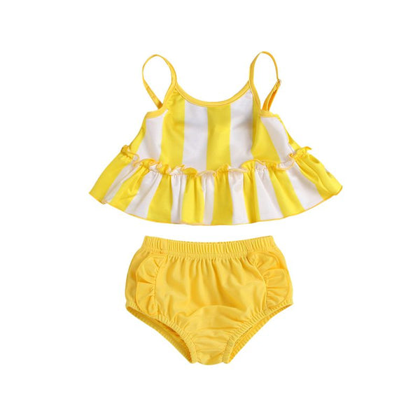 2 Pcs Fresh Style Girl Yellow Line Print Spaghetti Strap Swimsuit