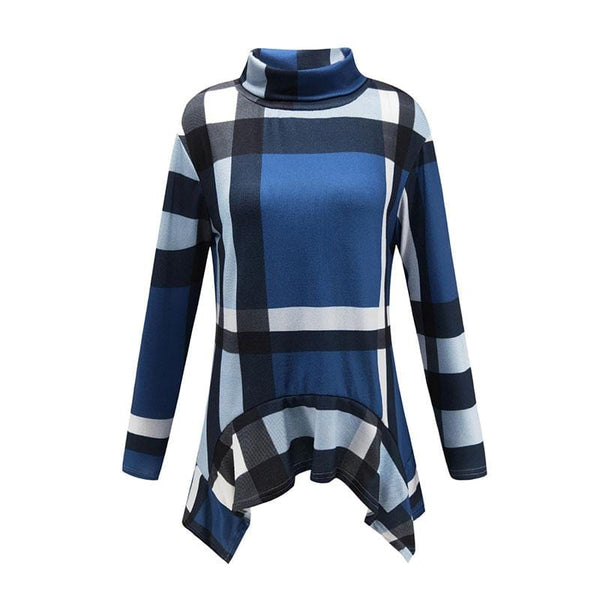 Women Plaid Pattern Irregular Hemline Mock Neck Long-sleeve Coat