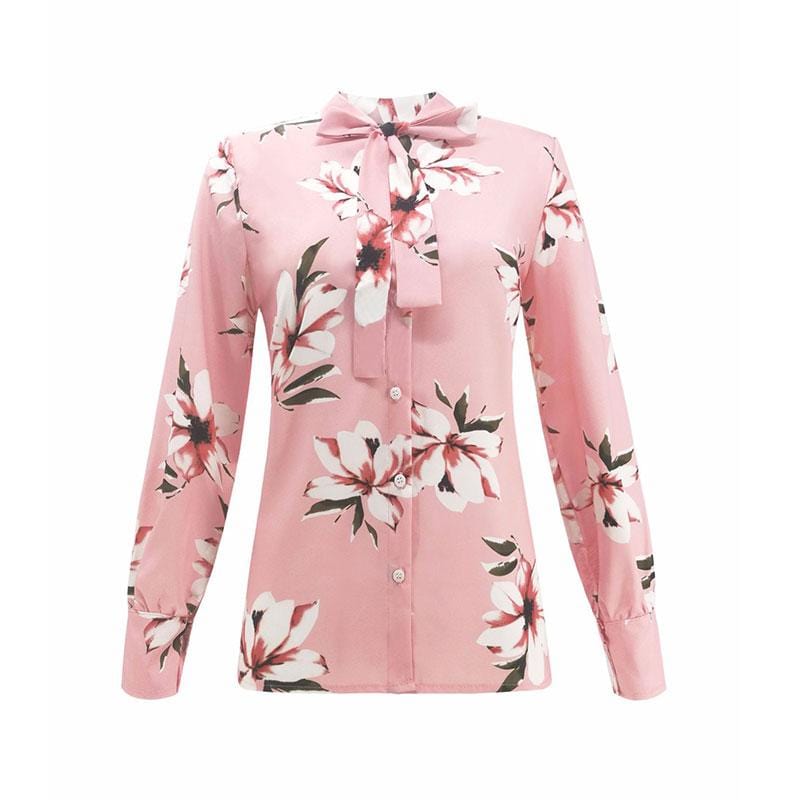 Women Bowknot Design Flower Print Long-sleeve Casual Blouse