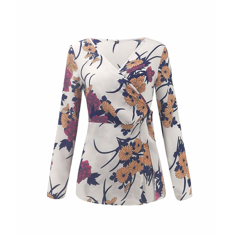 Casual Long-sleeve Flower Printed Surplice Blouse