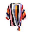 Color Blocking Stripes Design Women Round Neck Knotted Hem Blouse