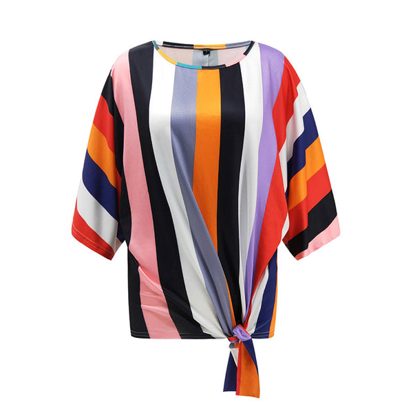 Color Blocking Stripes Design Women Round Neck Knotted Hem Blouse