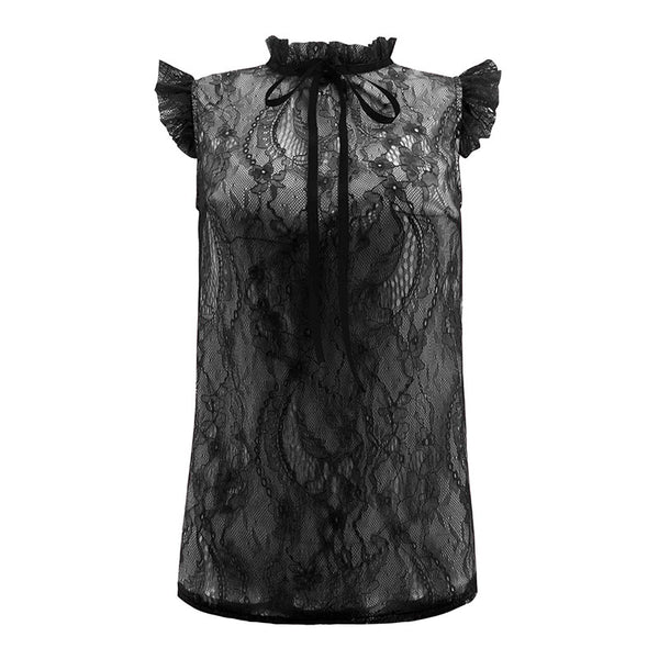 Frilled Cap Sleeve Women Lace Design Tied Mock Neck Elegant Blouse