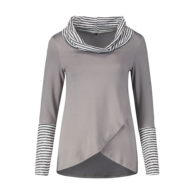 Fashion Stripes Print Heap Collar Long-sleeve Irregular Vent Hemline T-shirt