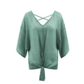 Casual Solid Color Dolman Sleeve Cross Design V Neck Tee