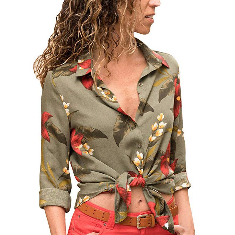 Casual Long-sleeve Floral Print Lapel Collar Blouse