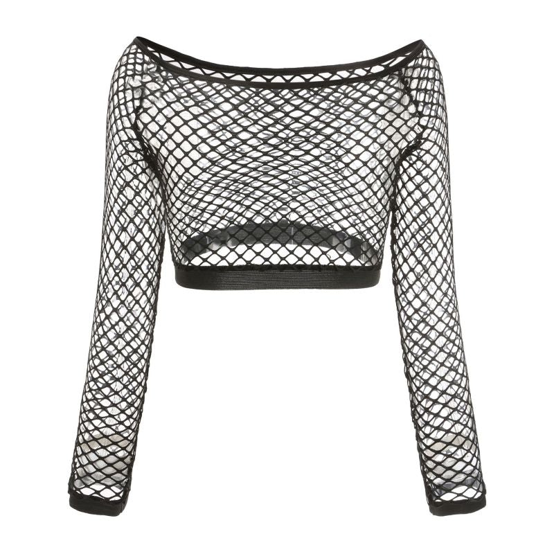 Edgy Women Plain Hollow Mesh Off-shoulder Long-sleeve Crop Top