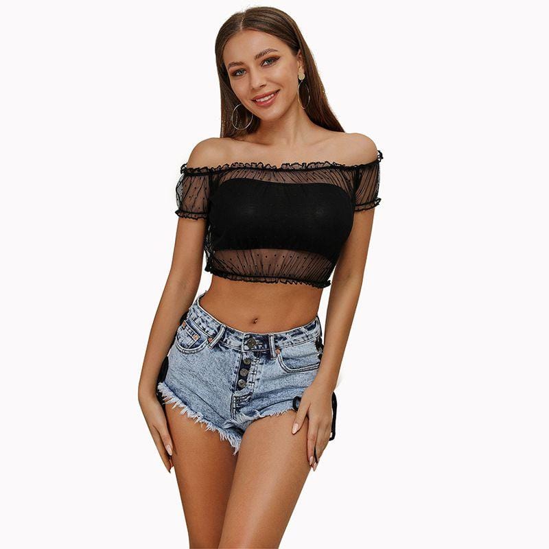 Sexy Solid Color Off-shoulder Pleated Mesh Design Cropped Blouse