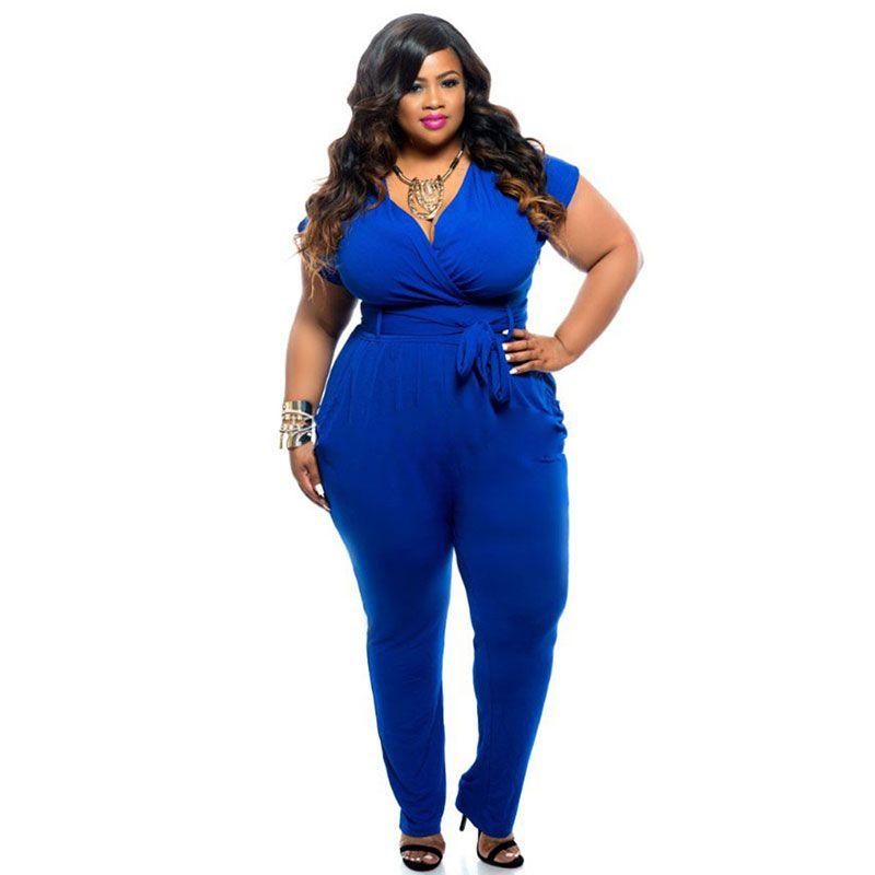 Women Plus Size Casual Short Sleeves V Neck Jumpsuits