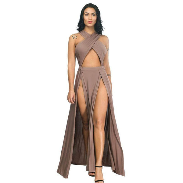 Women Sexy Cross Design Cut-out Solid Color Slit Party Dress